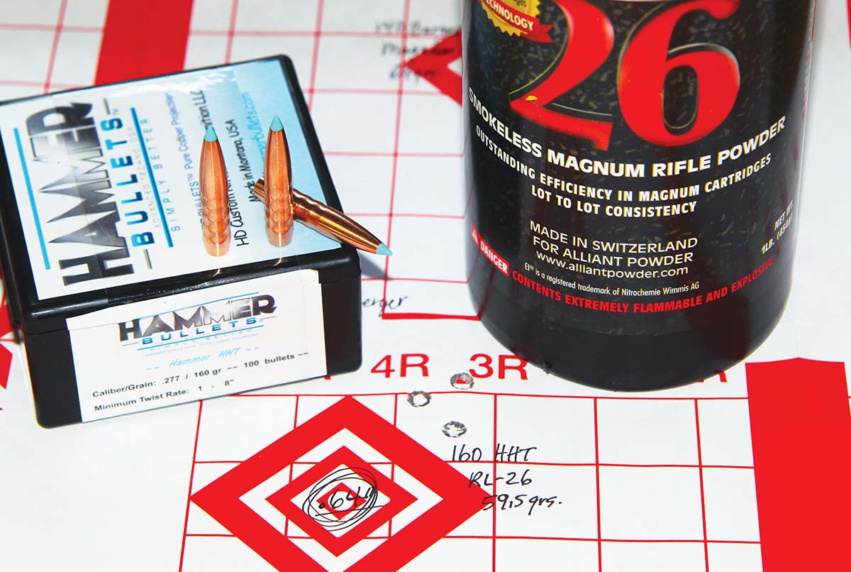 Proving the best combination with this bullet was the Hammer Bullets 160-grain HHT and 59.5 grains of Alliant – printing into .64-inch at 3,018 fps and producing a very low extreme velocity spread.